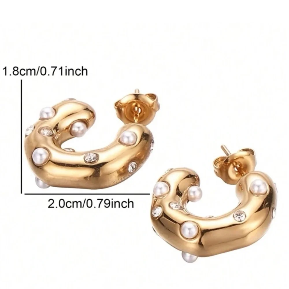 18K Gold Plated Stainless Steel Pearl Hoops Earrings - Picture 5 of 7